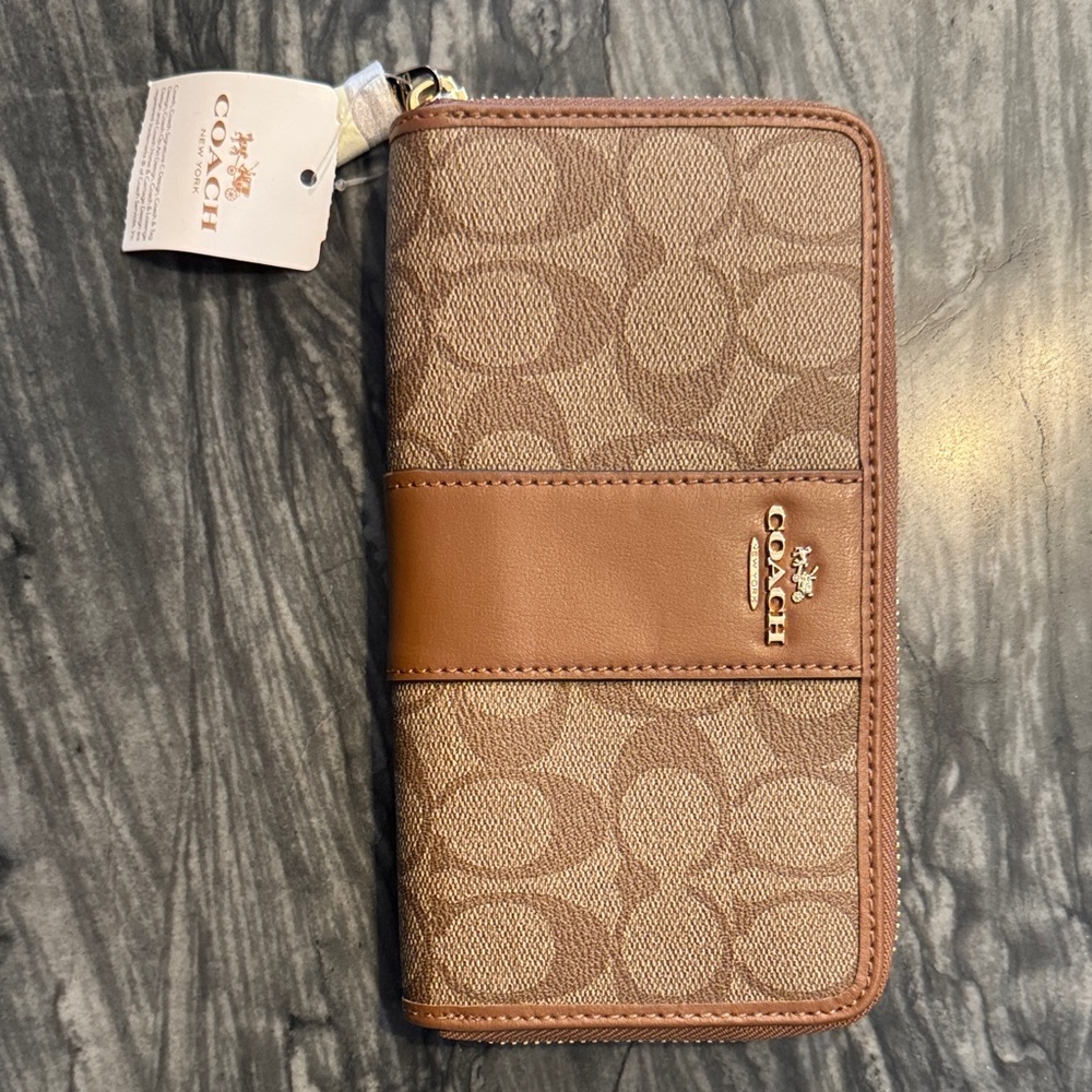 Coach Tan and Brown Signature Zip Wallet